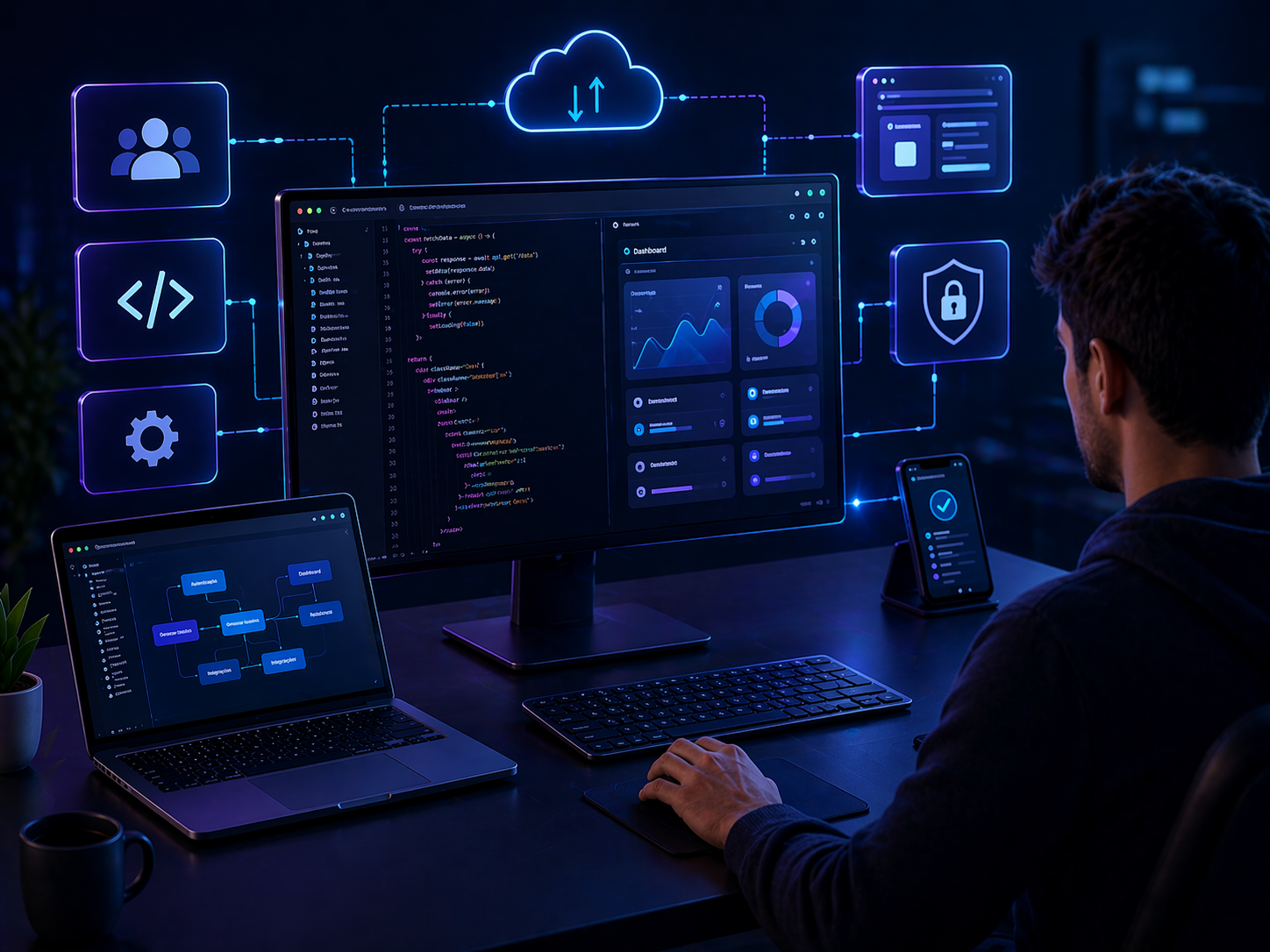 Desenvolvimento de softwares personalizados — desenvolvedor trabalhando em sistema customizado com dashboards, código e integrações em nuvem