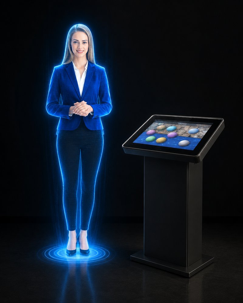 Promotora virtual holográfica em projeção, com mesa interativa, para eventos