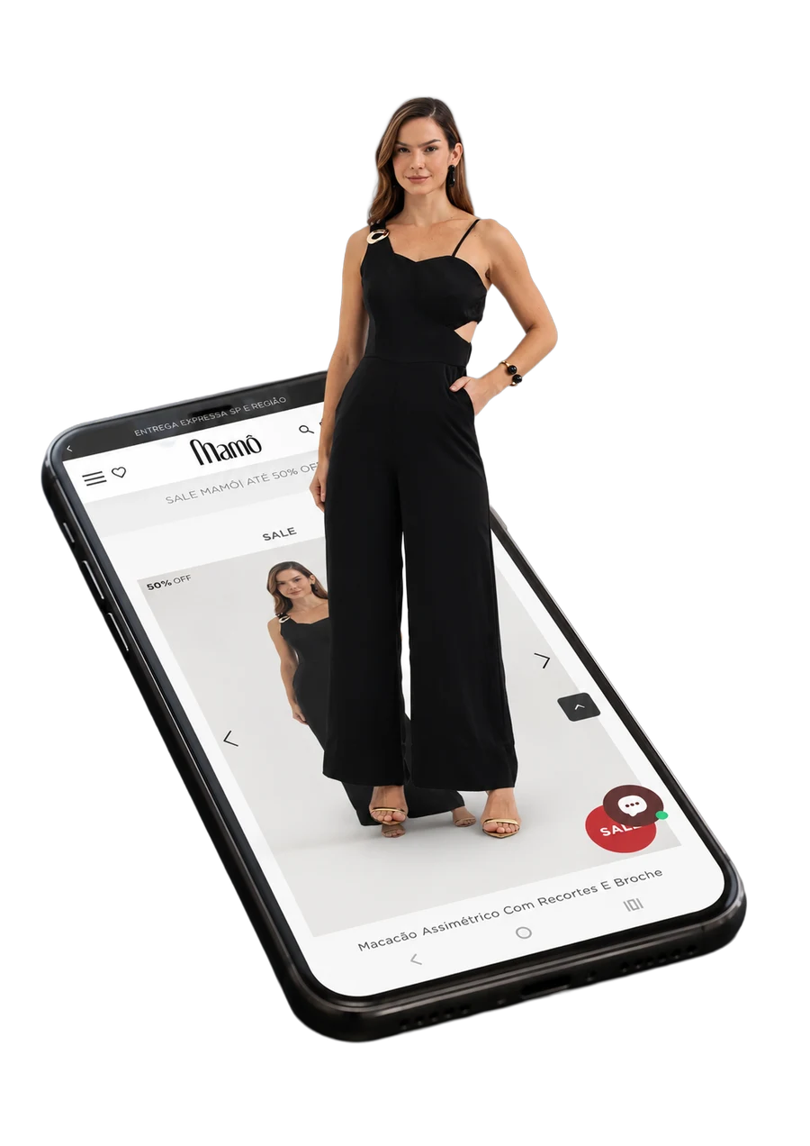 Realidade aumentada para lojas de roupas — modelo desfilando a peça fora da tela do celular